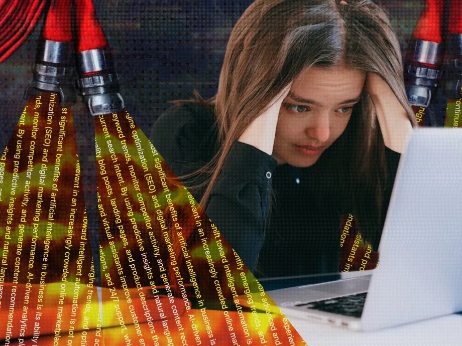 Een collage van een vrouwelijke kantoormedewerkster die aan een bureau zit, omringd door stapels papierwerk, terwijl uit meerdere brandslangen werk stroomt.