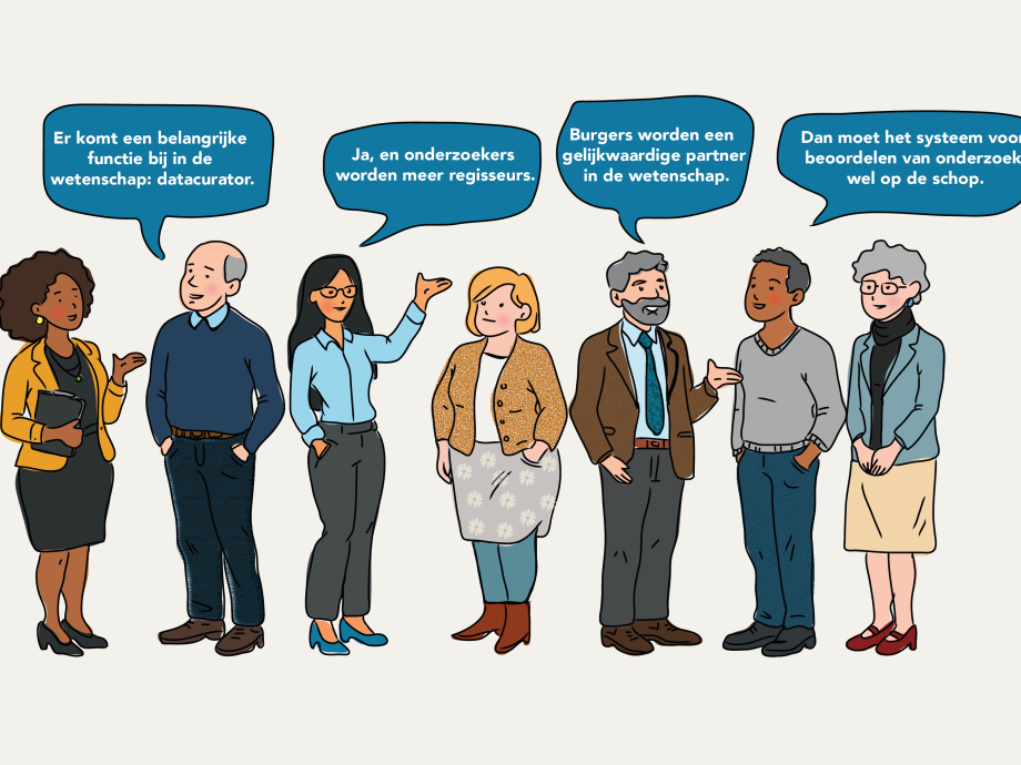 Getekende mensen praten met elkaar over AI in de wetenschap