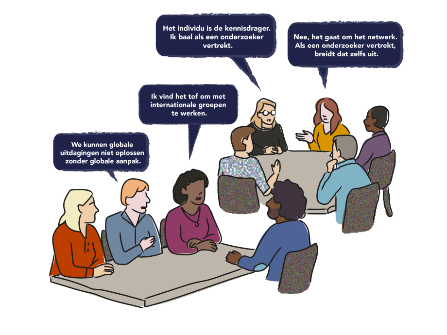 Illustratie van mensen aan tafels met spreekwolkjes