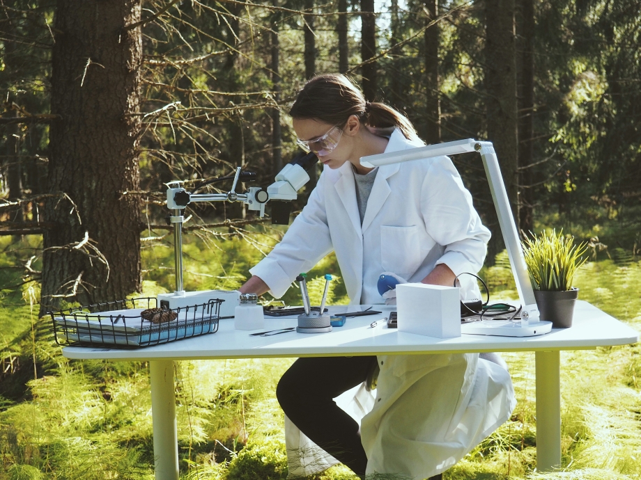 Vrouw aan bureau met apparaat, in de natuur