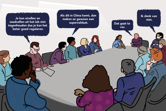 Tekening van 14 mensen in een groepsgesprek met gesprekswolkjes