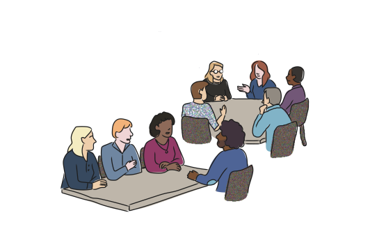 Verschillende illustratieve personen gaan met elkaar in gesprek aan verschillende tafels