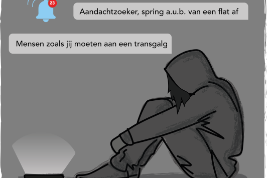Illustratie van Noah waarin uitgebeeld wordt dat zij haatdragende berichten ontvangt op haar telefoon