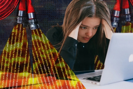 Een collage van een vrouwelijke kantoormedewerkster die aan een bureau zit, omringd door stapels papierwerk, terwijl uit meerdere brandslangen werk stroomt.