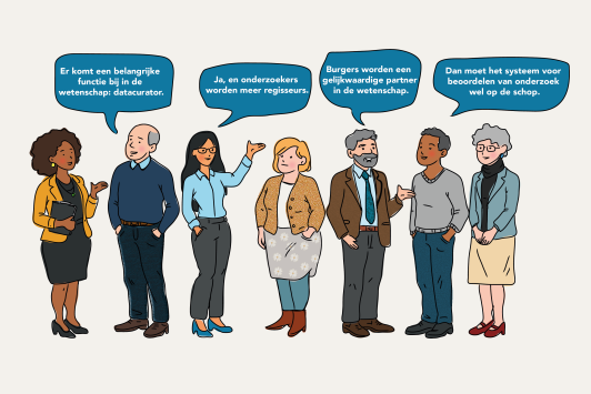 Getekende mensen praten met elkaar over AI in de wetenschap