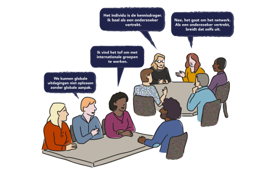 Illustratie van mensen aan tafels met spreekwolkjes