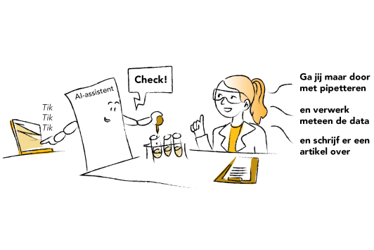 Illustratie van iemand in een lab die samenwerkt met een AI