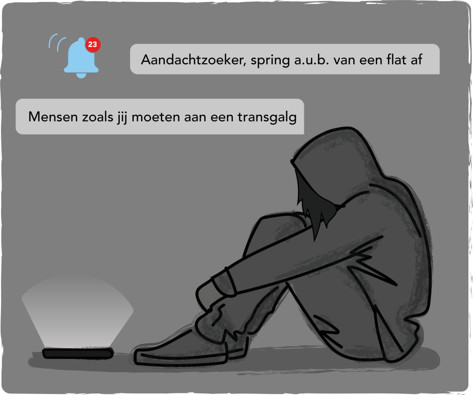 Illustratie van Noah waarin uitgebeeld wordt dat zij haatdragende berichten ontvangt op haar telefoon