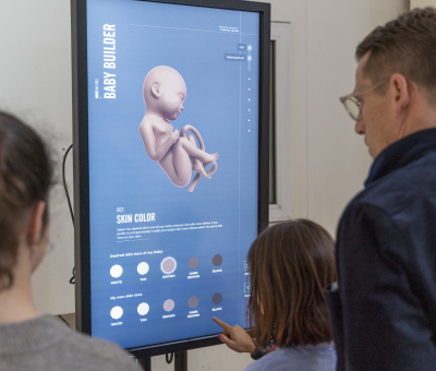 Baby Builder, installatie van kunstenaar Bertrand Burgers op de Dutch Design Week 2021. Bezoekers kiezen de huidskleur van een virtuele baby.